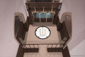 Image shows artist's impression of overhead view of raised tomb at Leicester Cathedral (Source: van Heyningen and Haward)